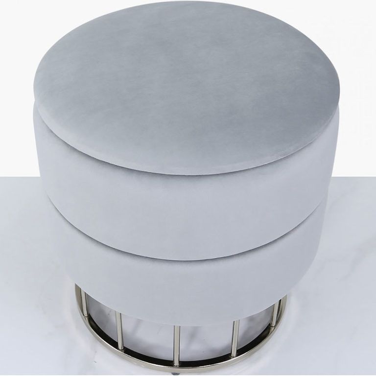 Grey Velvet And Stainless Steel Round Storage Ottoman Stool | Picture Throughout Gray Velvet Brushed Geometric Pattern Ottomans (View 19 of 20)