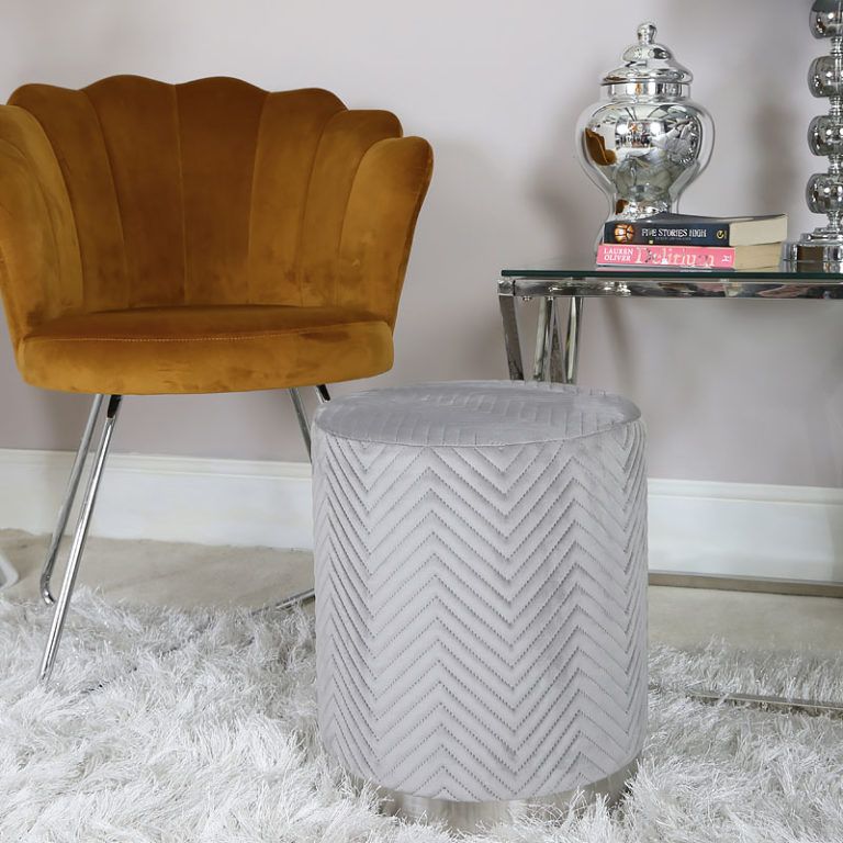 Grey Velvet Round Stool With Brushed Steel Silver Honeycomb Overlay With Cream Velvet Brushed Geometric Pattern Ottomans (View 1 of 20)
