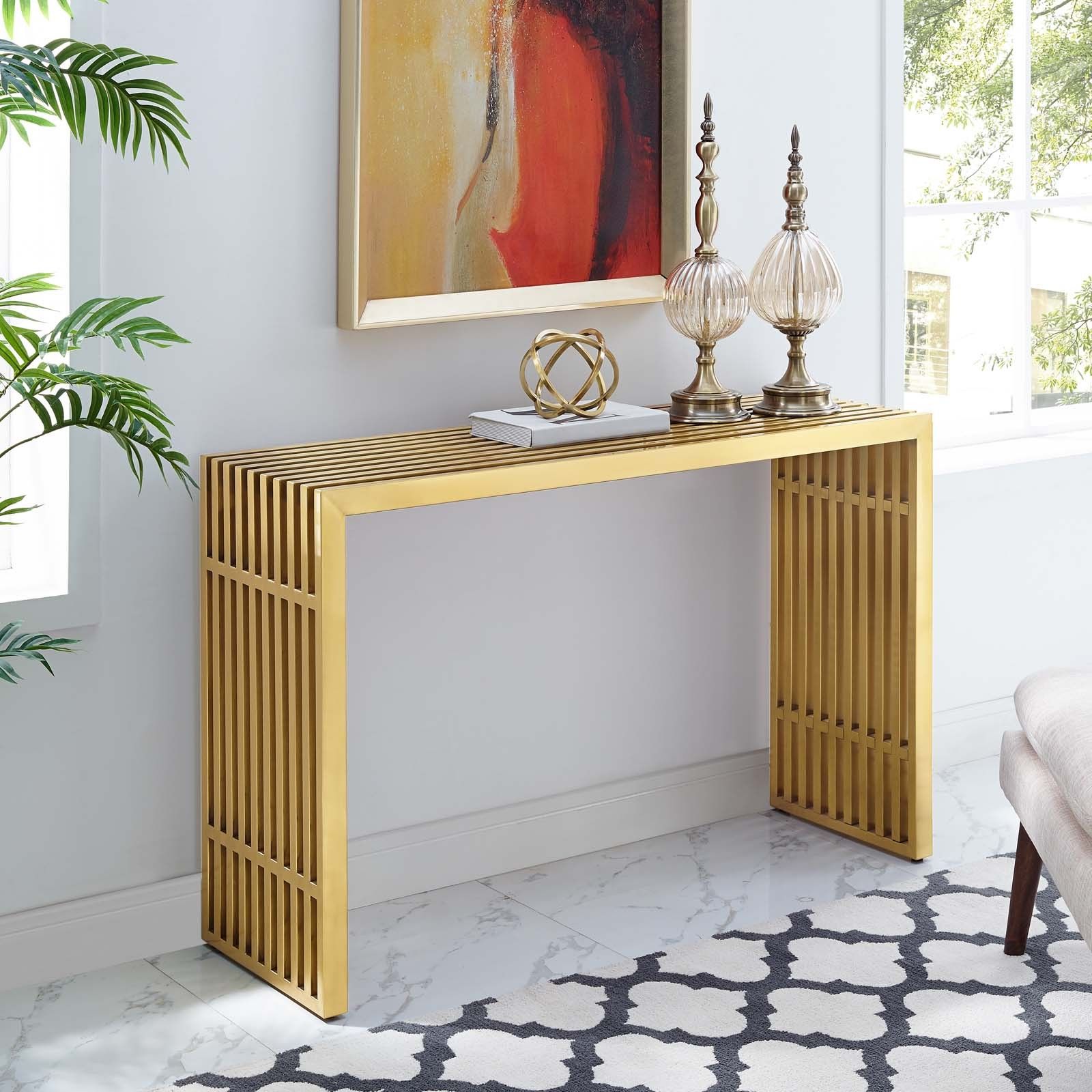 Gridiron Gold Stainless Steel Console Table Eei 3036 Gld – 1stopbedrooms (View 1 of 20)