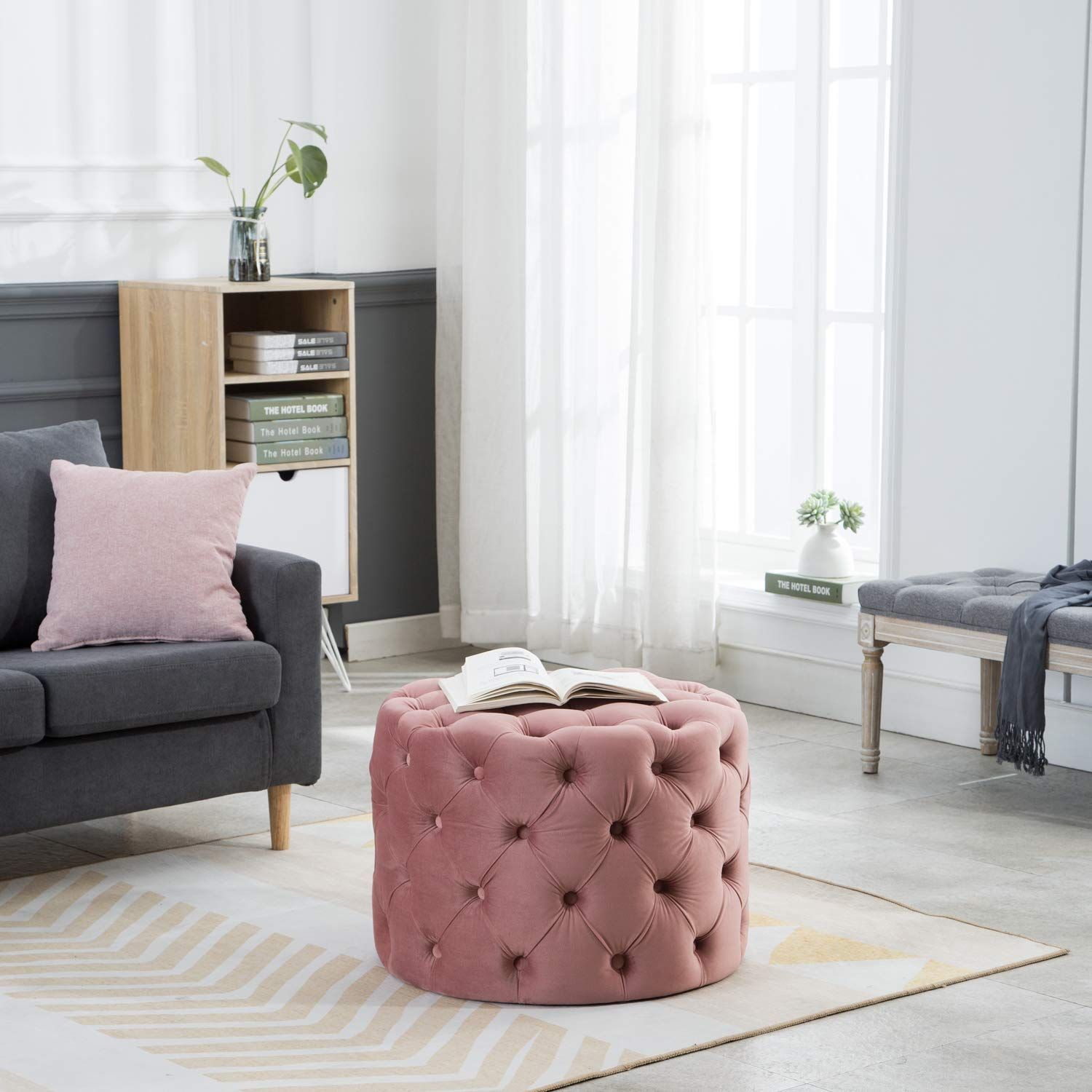 Guyou Upholstered Tufted Round Velvet Ottoman With Button, Mordern Within Pink Champagne Tufted Fabric Ottomans (View 3 of 20)