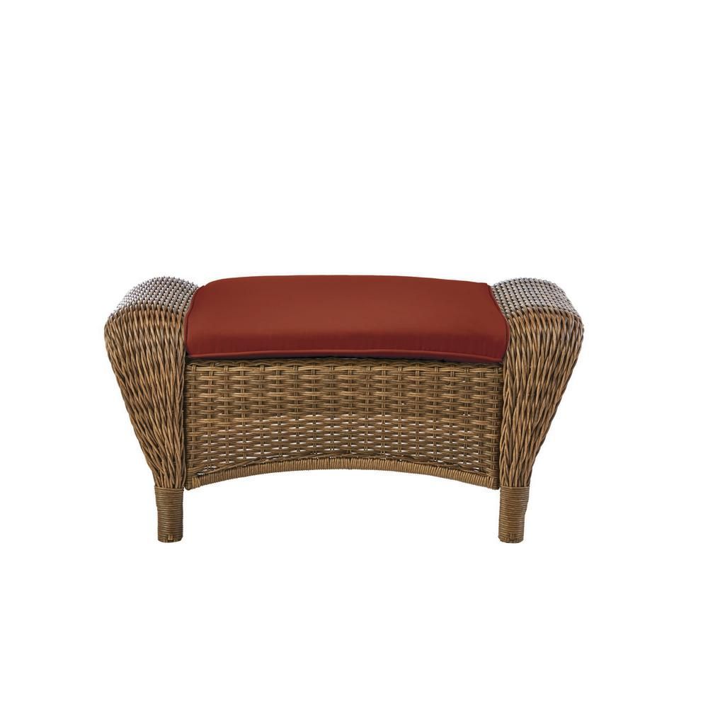 Hampton Bay Beacon Park Brown Wicker Outdoor Patio Ottoman With Intended For Navy And Light Gray Woven Pouf Ottomans (View 3 of 20)