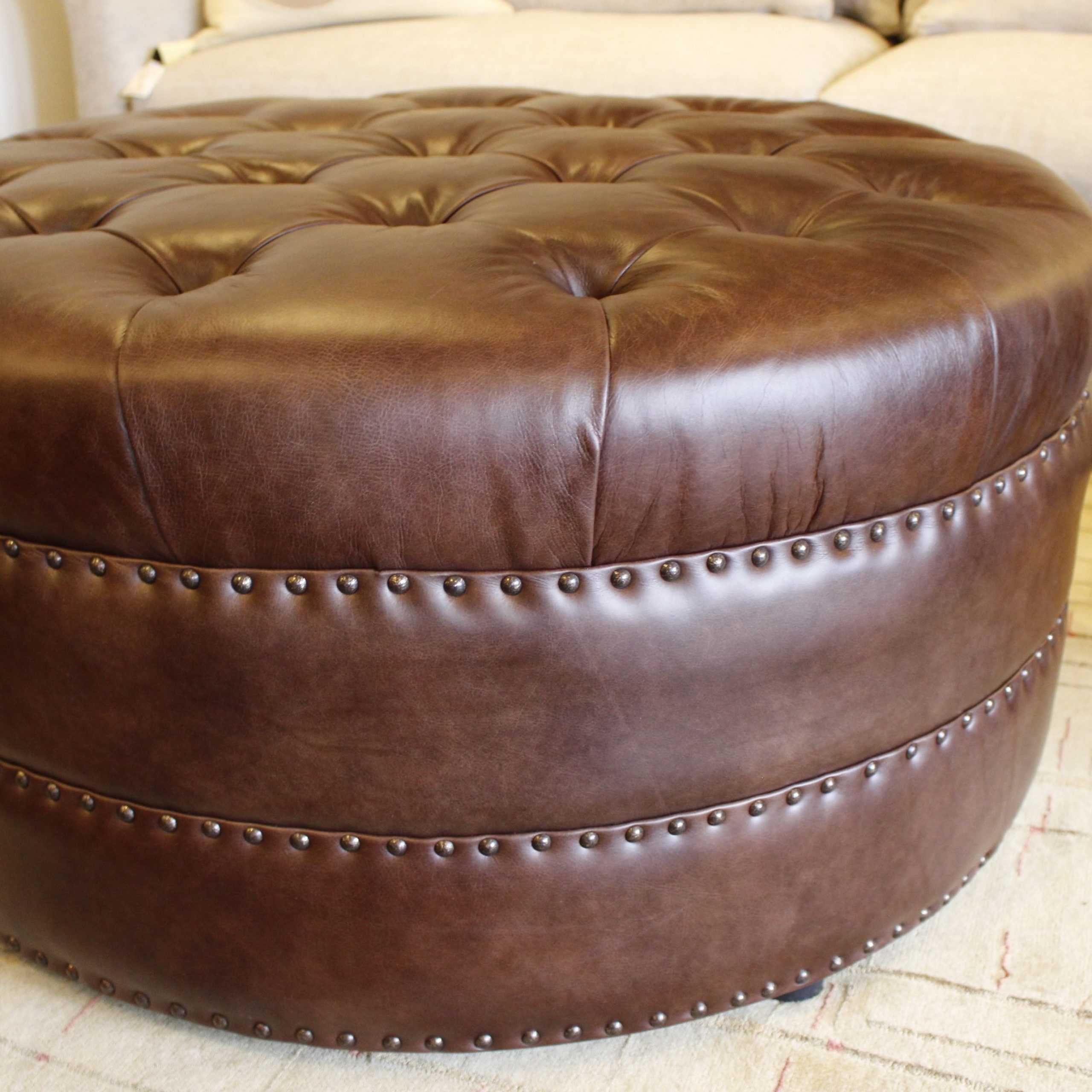 Hand Tufted Leather Ottoman | Tufted Leather Ottoman, Tufted Leather For Black Leather And Bronze Steel Tufted Ottomans (View 3 of 20)
