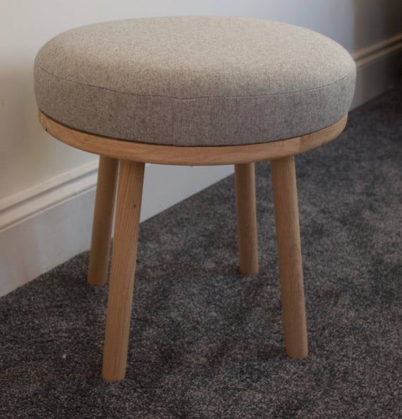 Handmade Round Solid European Oak Footstool, Upholstered In A Grey Wool For Natural Solid Cylinder Pouf Ottomans (View 12 of 20)