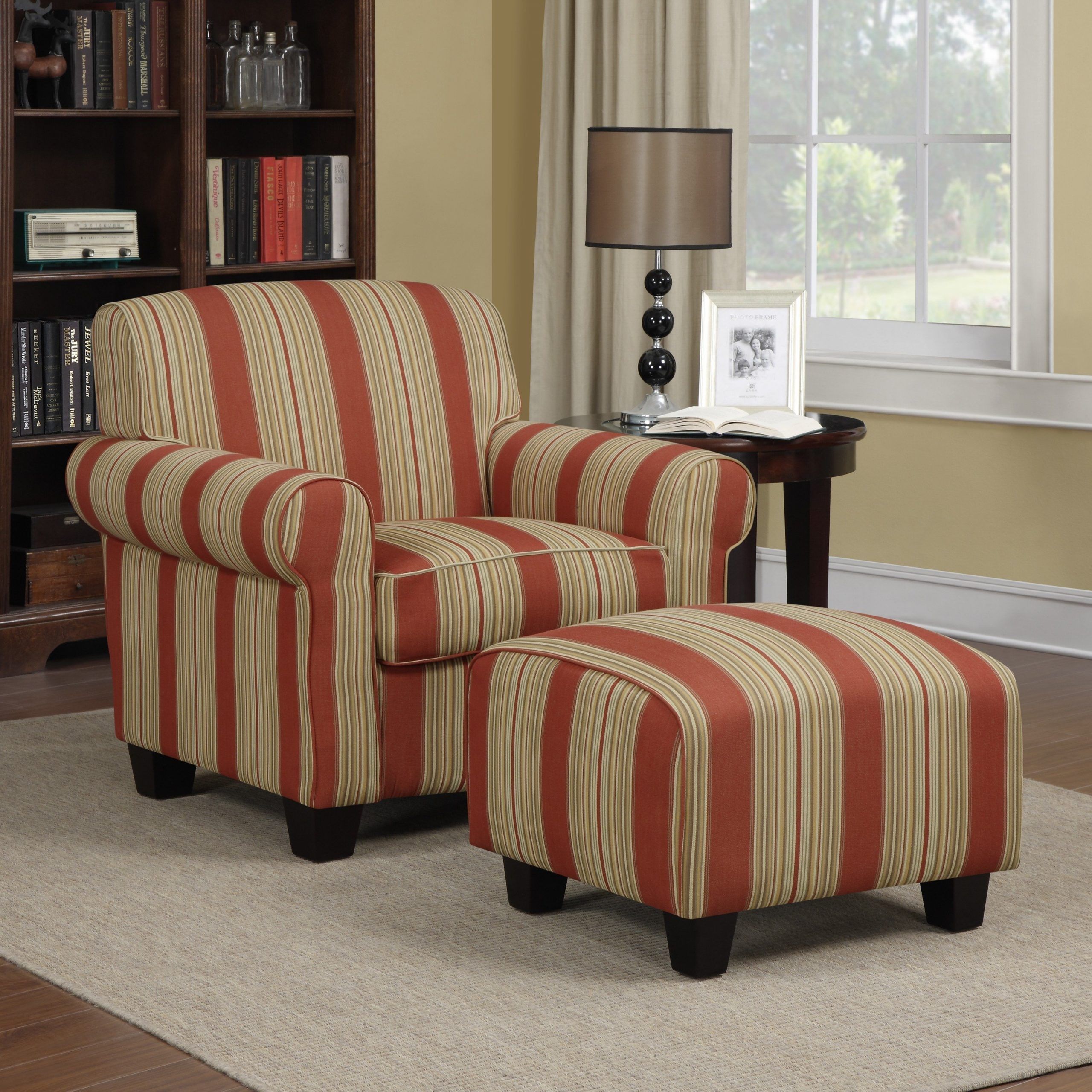 Handy Living Mira Red Stripe Arm Chair And Ottoman – Walmart In Blue Fabric Nesting Ottomans Set Of  (View 1 of 20)