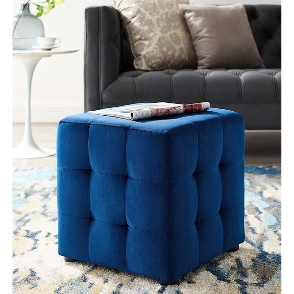 Harmony Blue Velvet Upholstered Tufted Cube Ottoman – Overstock – 28738858 Within Cream Chevron Velvet Fabric Ottomans (View 12 of 20)