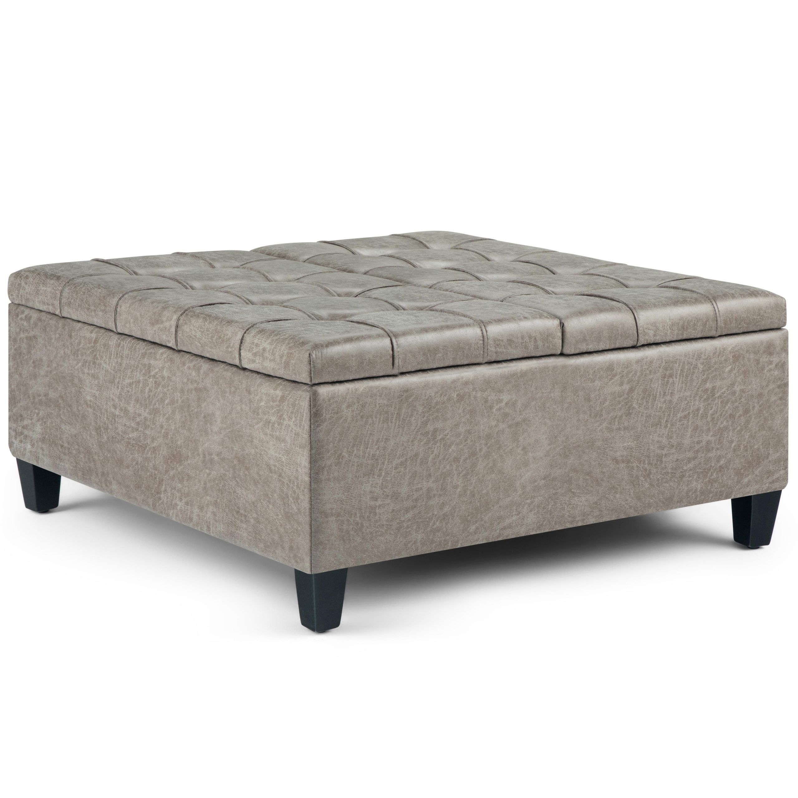 Harrison Coffee Table Ottoman In Distressed Grey Taupe Air Faux Leather Intended For Round Gray Faux Leather Ottomans With Pull Tab (View 1 of 19)