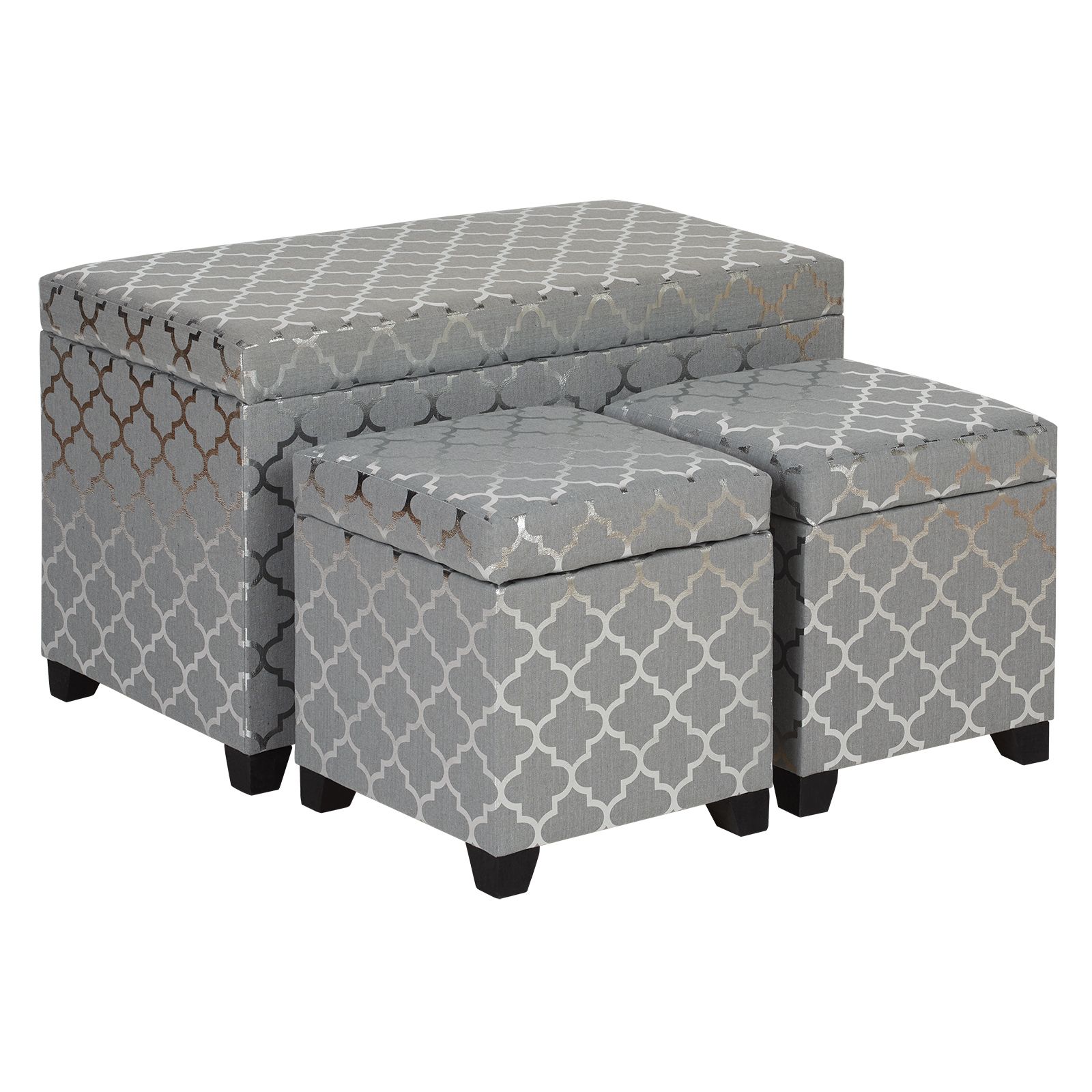 Hartleys Grey & Silver Storage Ottomans Set Of 3 Ottoman Stool/trunk Intended For Silver Faux Leather Ottomans With Pull Tab (View 10 of 20)