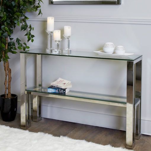 Harvey Chrome And Glass Console Table Dressing Table | Picture Perfect Home In Silver Mirror And Chrome Console Tables (View 4 of 20)