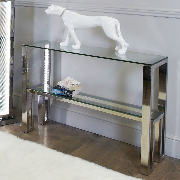 Harvey Chrome And Glass Console Table Dressing Table | Picture Perfect Home Inside Polished Chrome Round Console Tables (View 18 of 20)