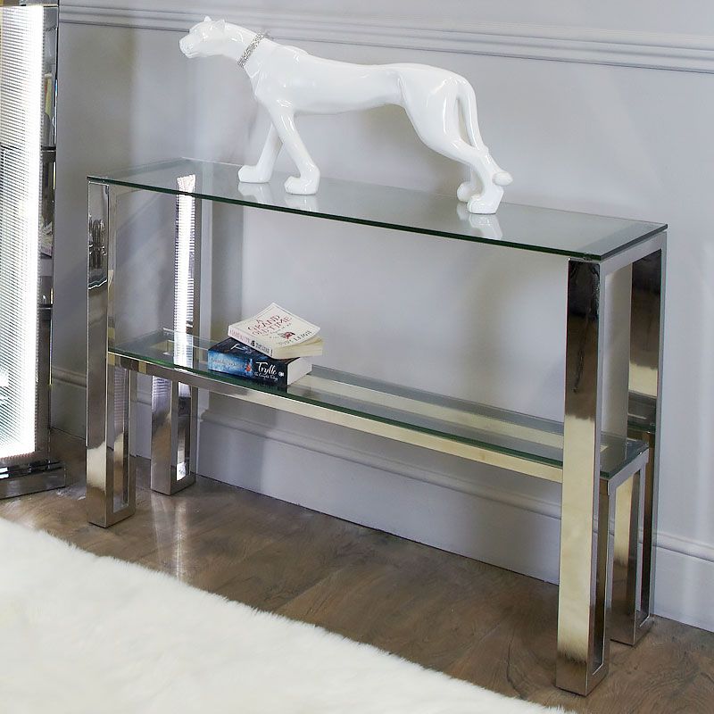 Harvey Chrome And Glass Console Table Dressing Table | Picture Perfect Home Pertaining To Silver Mirror And Chrome Console Tables (View 6 of 20)