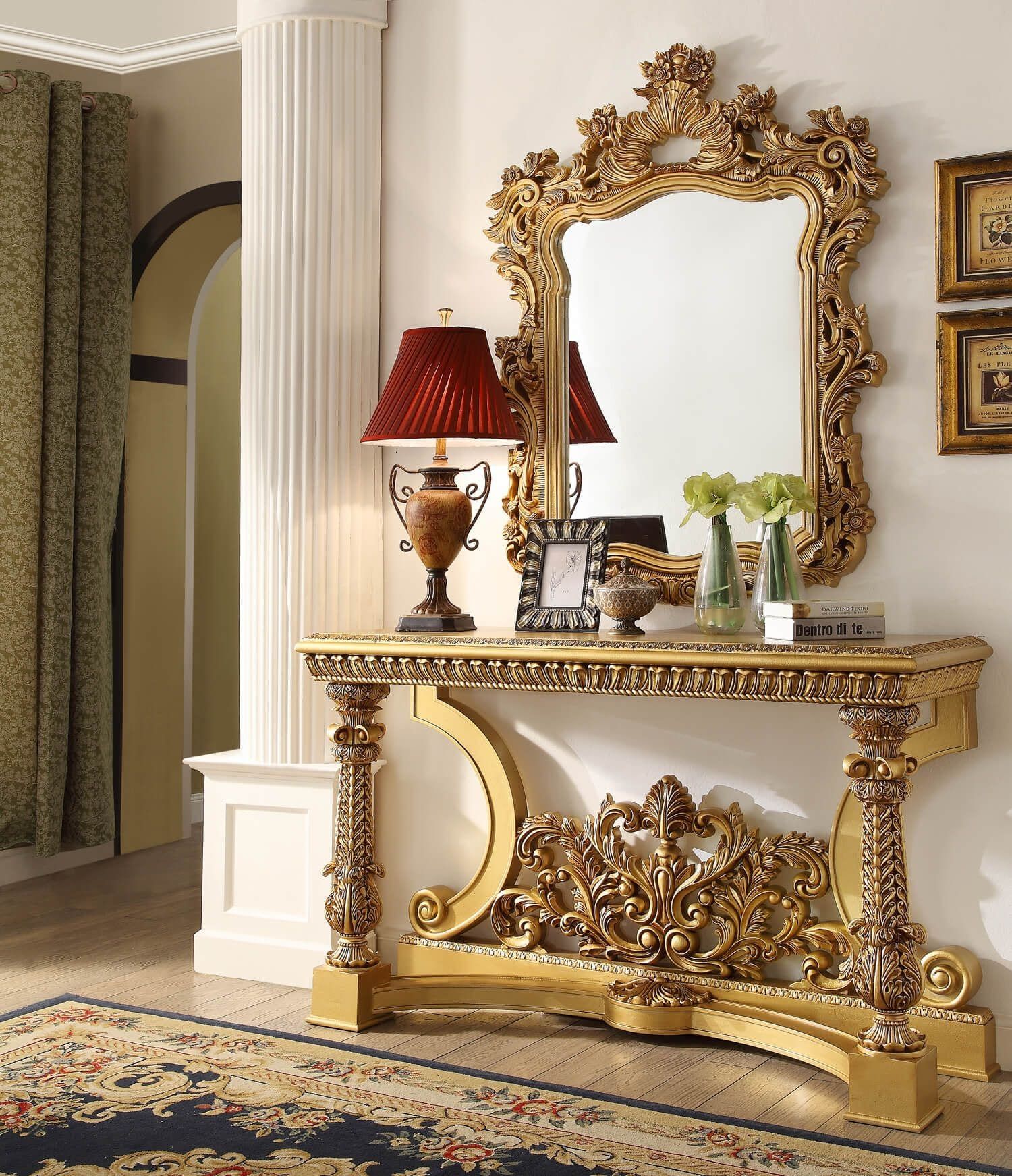 Hd 8016 Stm Gold Tone Finish Console Table With Mirror – Luchy Amor With Metallic Gold Console Tables (View 4 of 20)
