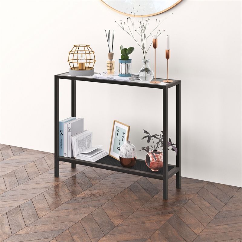 Henn&hart 36" Industrial Metal Blackened Bronze Console Table With Mesh With Glass And Pewter Console Tables (View 2 of 20)