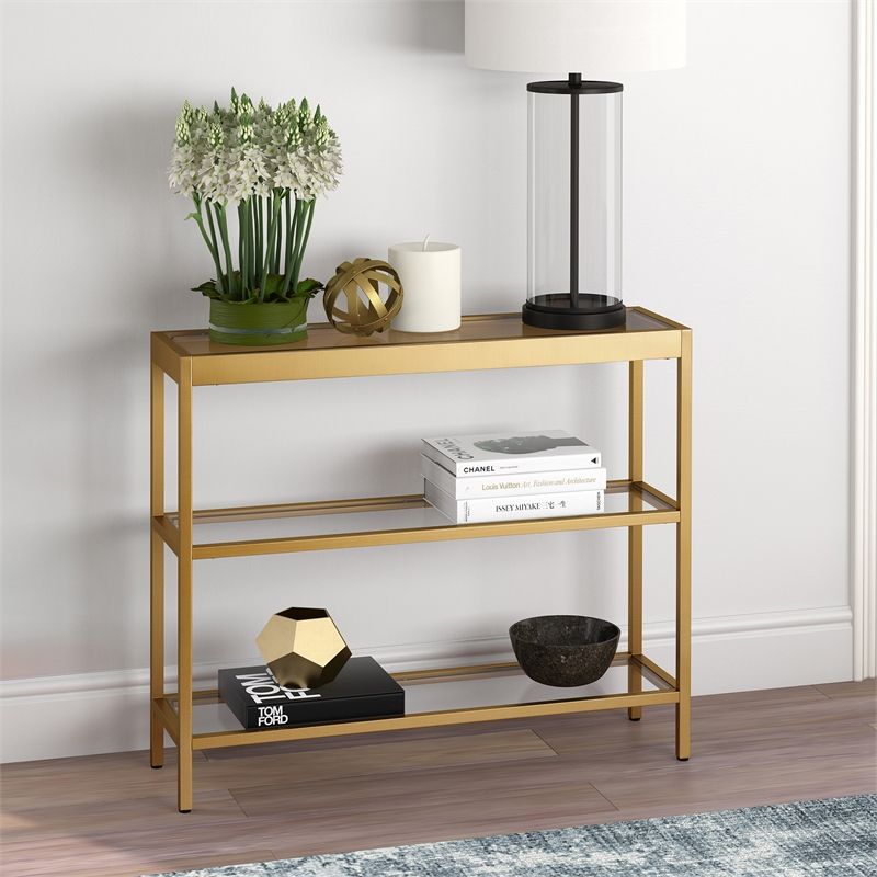 Henn&hart 36" Metal 3 Shelf Short Console Table In Brass – At0236 Intended For 3 Piece Shelf Console Tables (View 18 of 20)