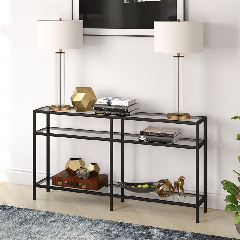Henn&hart 55" 3 Shelf Metal Black And Bronze Console Table With Glass Regarding Bronze Metal Rectangular Console Tables (View 3 of 20)