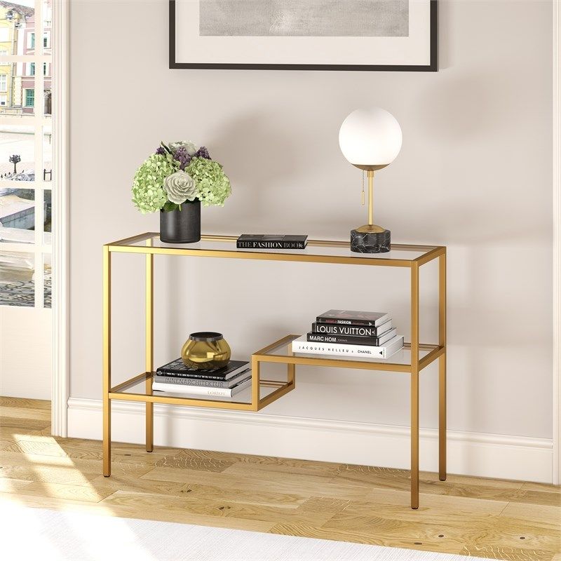 Henn&hart Contemporary Two Tier Metal Console Table In Gold And Brass Regarding Gold And Mirror Modern Cube Console Tables (View 9 of 20)