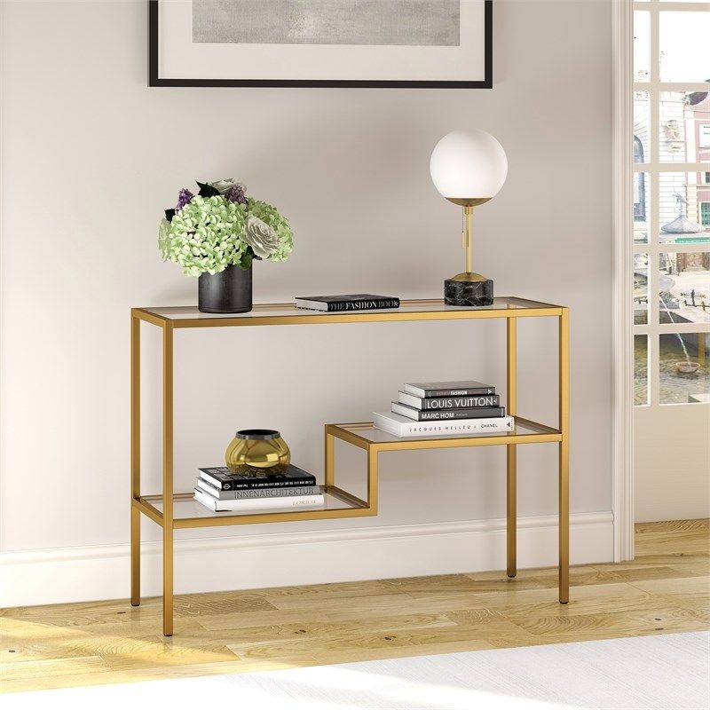 Henn&hart Contemporary Two Tier Metal Console Table In Gold And Brass With Regard To Gold And Mirror Modern Cube Console Tables (View 2 of 20)