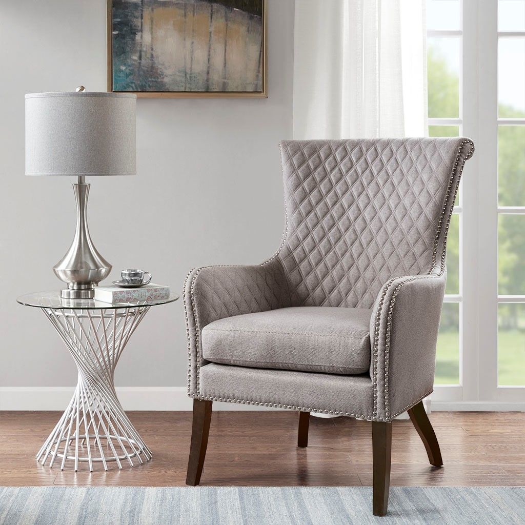 Heston Accent Chair Solid Wood Light Grey Contemporary Madison Park Pertaining To Light Beige Round Accent Stools (View 5 of 20)