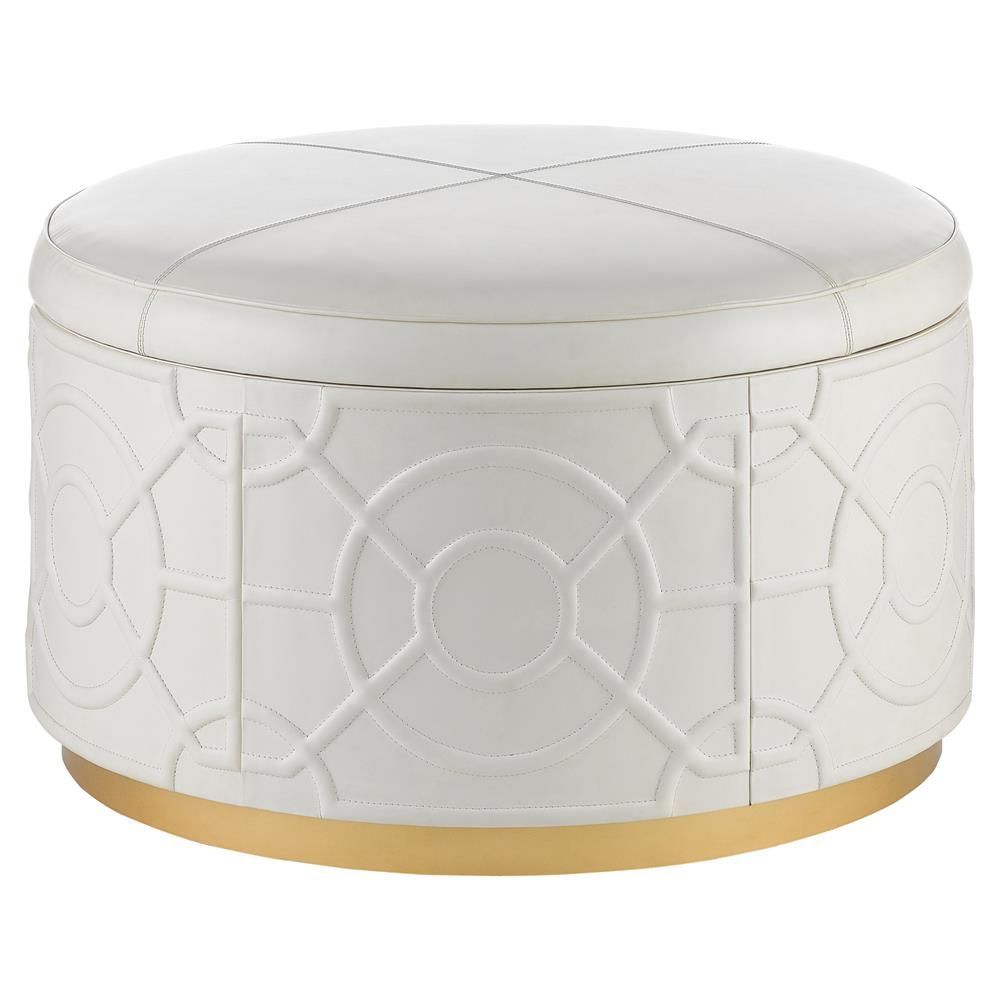 Higgins Modern Classic Round White Leather Geometric Gold Storage Pertaining To White Leather Ottomans (View 15 of 20)