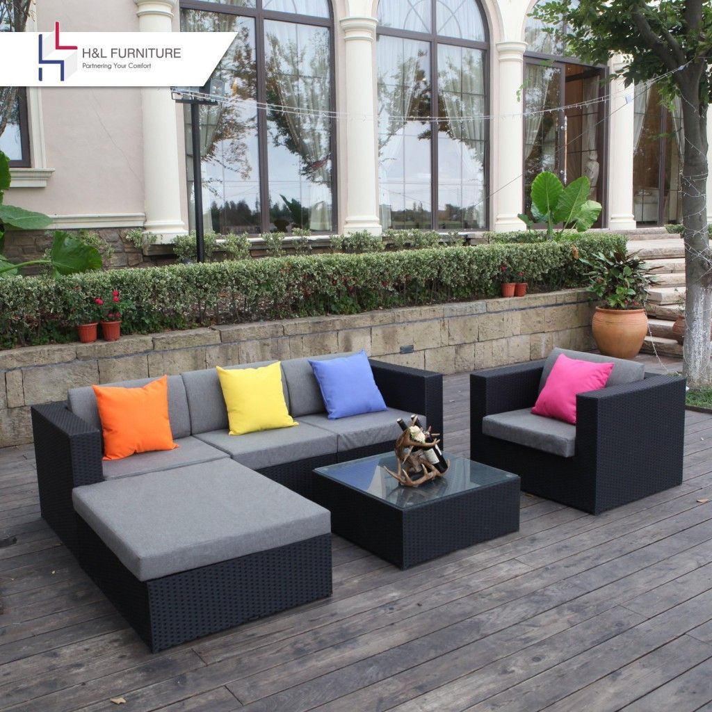 H&l Patio Black 6 Piece Wicker Sectional Sofa Set With Ottoman And With Black And Tan Rattan Console Tables (View 14 of 20)