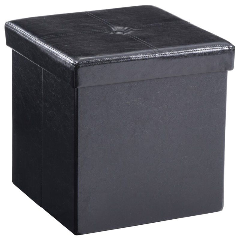 Hodedah Cube Foldable Faux Leather Storage Ottoman In Black – Hi1200 Black With Regard To Black Faux Leather Storage Ottomans (View 19 of 20)