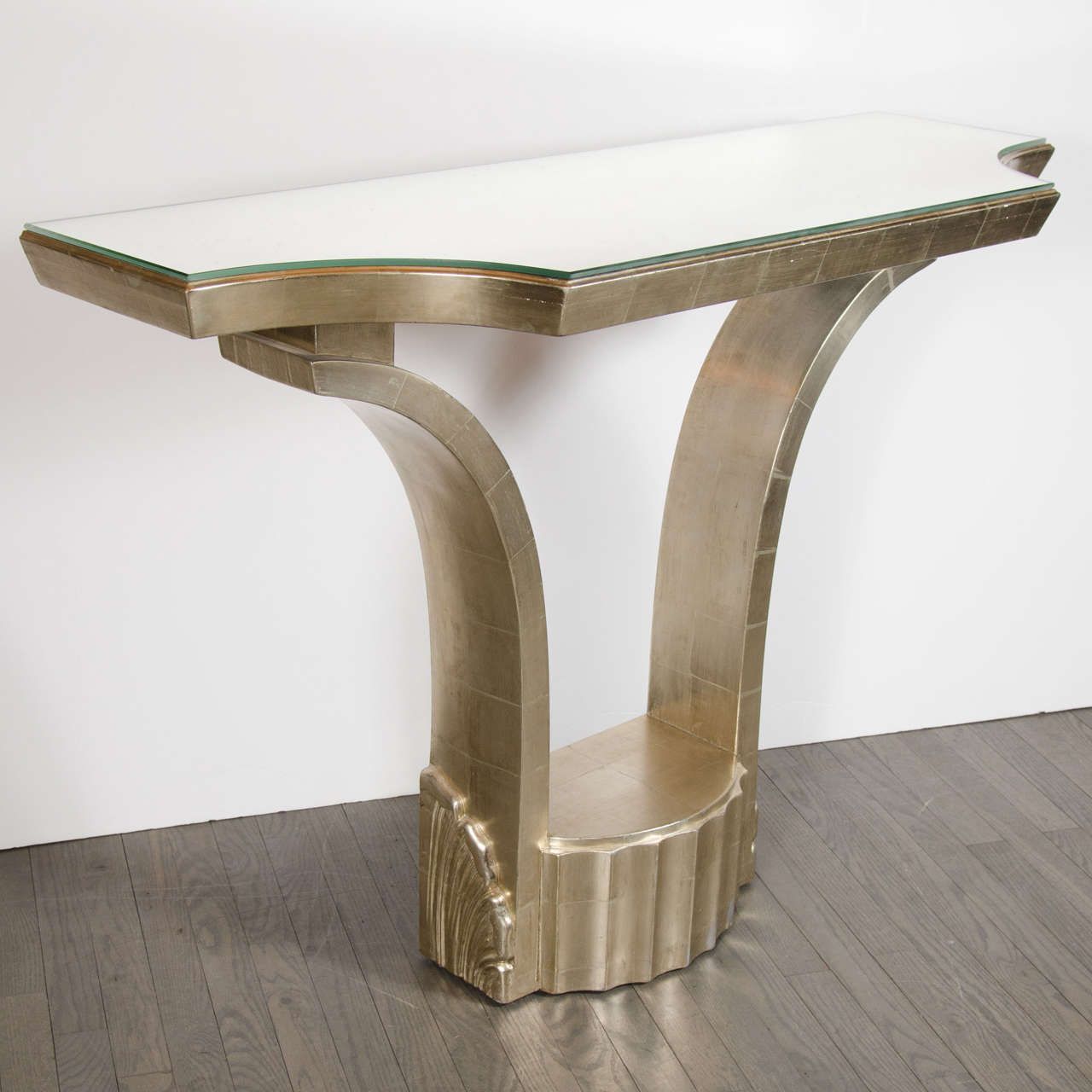 Hollywood Regency Console With White Gold Leafing And Antique Beveled Pertaining To Gold And Mirror Modern Cube Console Tables (View 15 of 20)