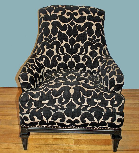 Hollywood Regency Vintage Black Velvet Matelasse Retro Club Chair Within Round Gray And Black Velvet Ottomans Set Of 2 (Gallery 20 of 20)