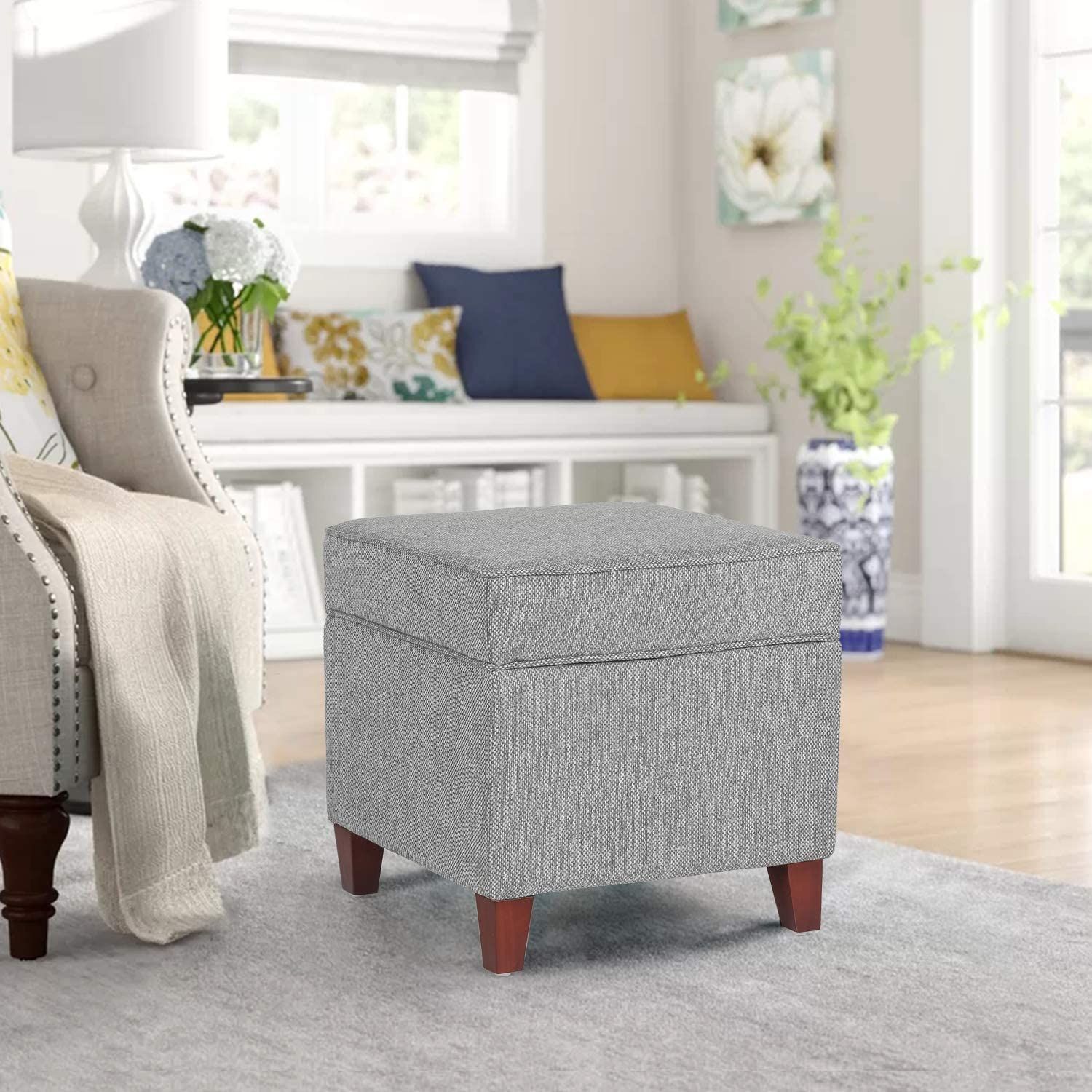 Homebeez 17'' Square Ottoman With Storage  Small Storage Ottoman Foot Throughout Gray And White Fabric Ottomans With Wooden Base (View 10 of 17)