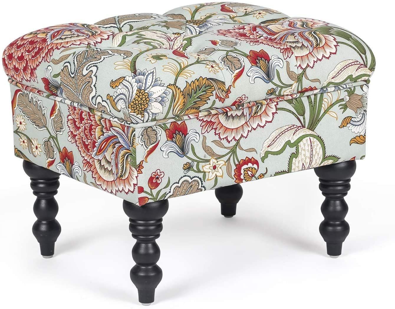 Homebeez Ottoman Stool Tufted Foot Rest Fabric Floral Vanity Stool With Inside Black Fabric Ottomans With Fringe Trim (View 15 of 20)