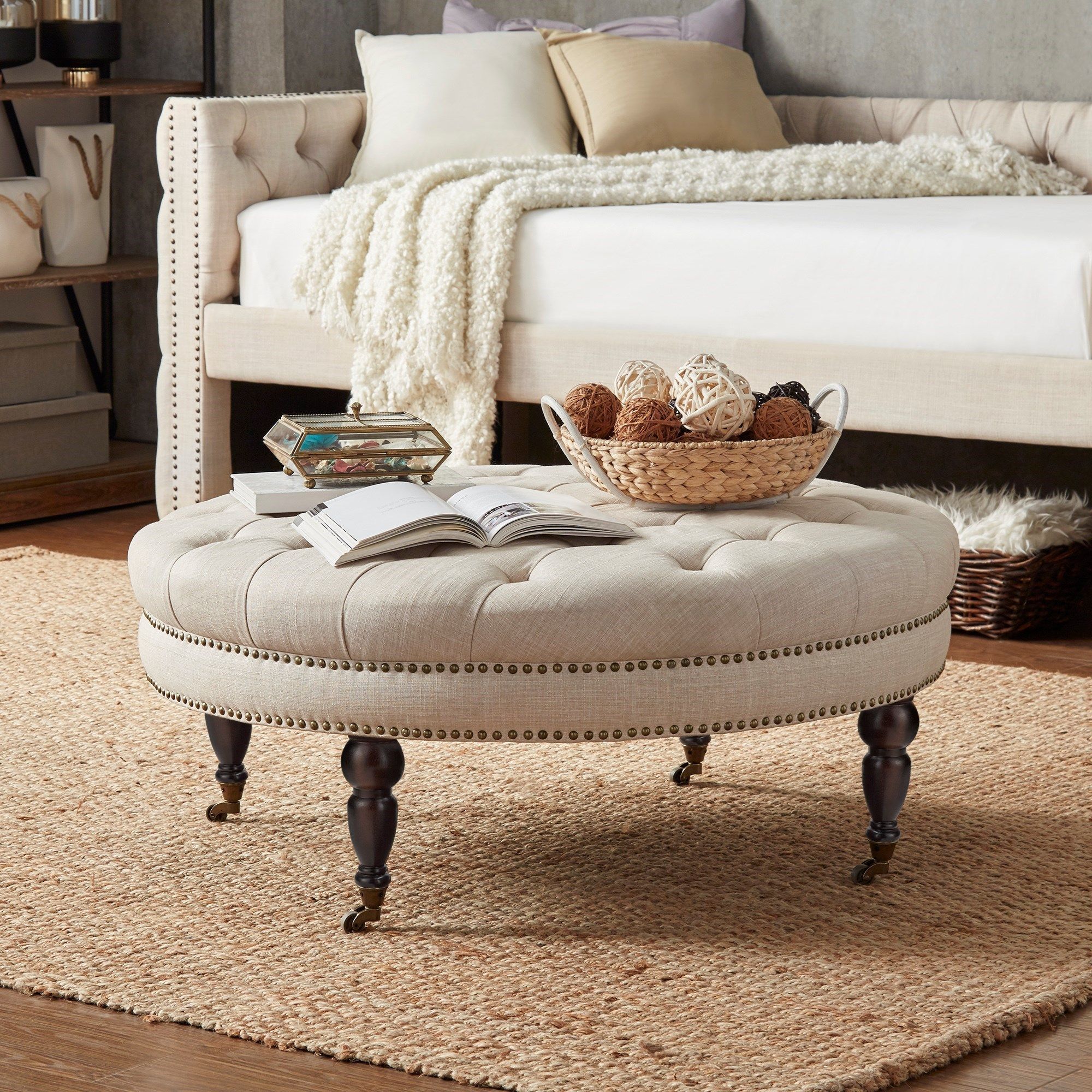 Homelegance E208rd Traditional Round Tufted Bench Ottoman With Casters Throughout Round Pouf Ottomans (View 10 of 20)