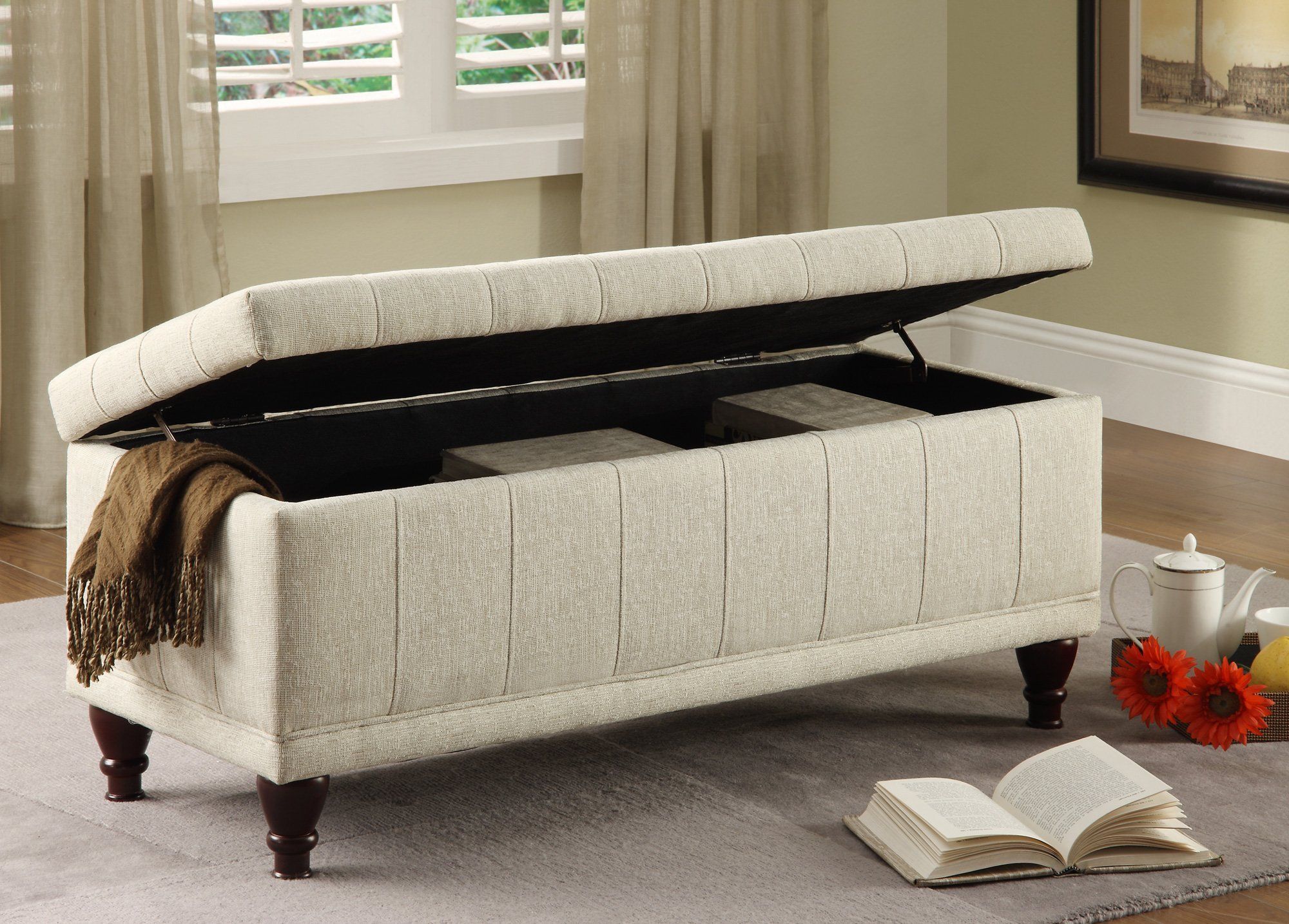 Homelegance Lift Top Storage Bench With Tufted Accents, Beige Fabric Throughout Linen Tufted Lift Top Storage Trunk (View 12 of 20)