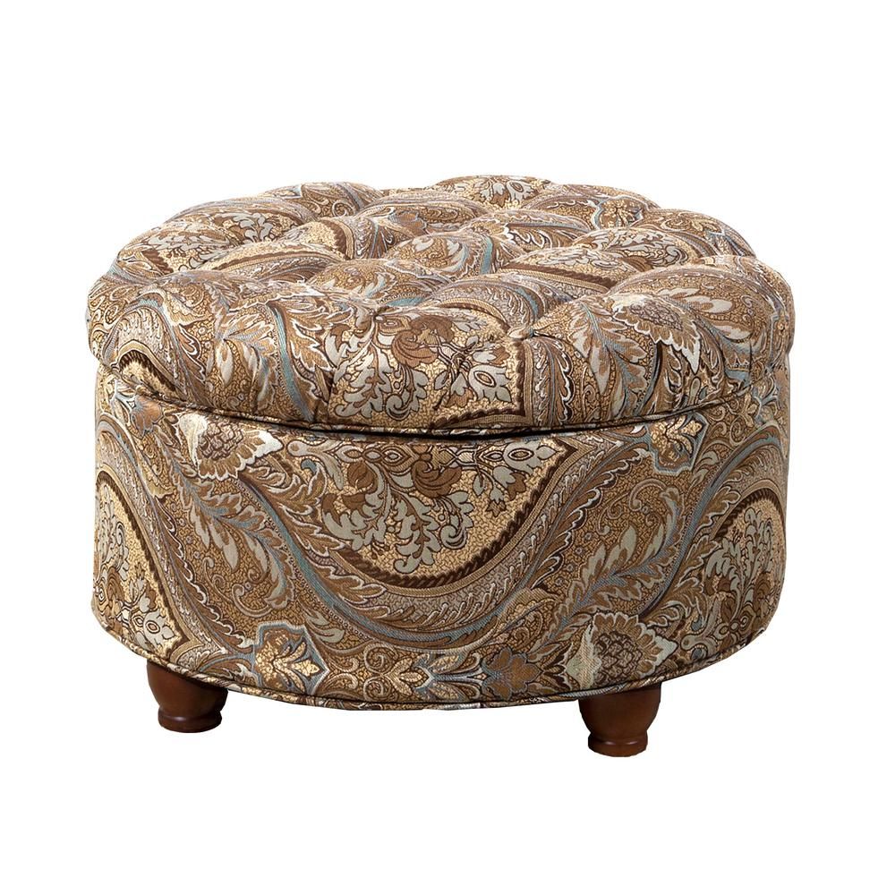 Homepop Button Tufted Round Storage Ottoman Brown And Teal Paisley Intended For Cream Fabric Tufted Round Storage Ottomans (View 12 of 20)