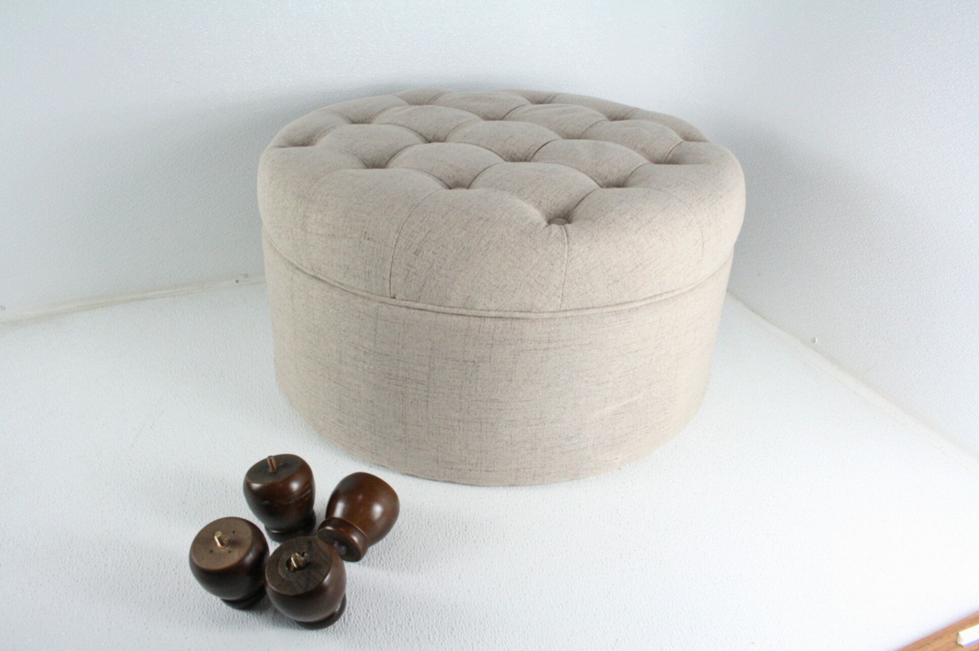 Homepop Large Button Tufted Round Storage Ottoman Light Tan W Wooden With Light Gray Tufted Round Wood Ottomans With Storage (View 9 of 20)