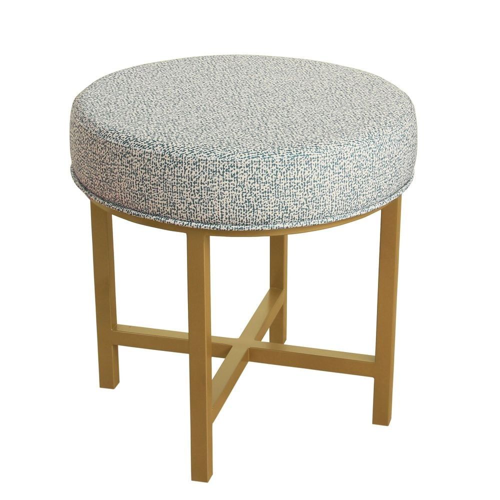 Homepop Round Ottoman With Indigo Dot Fabric And Gold Metal X Base Intended For Gold And White Leather Round Ottomans (View 18 of 20)