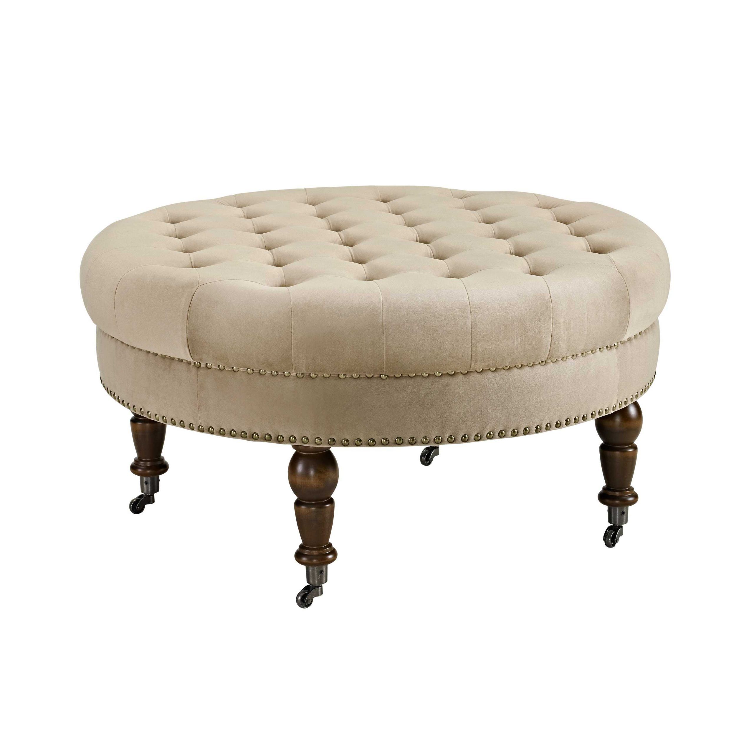 Homeroots Decor Velvet Upholstered Round Tufted Ottoman With Casters For Beige Cotton Pouf Ottomans (View 15 of 20)
