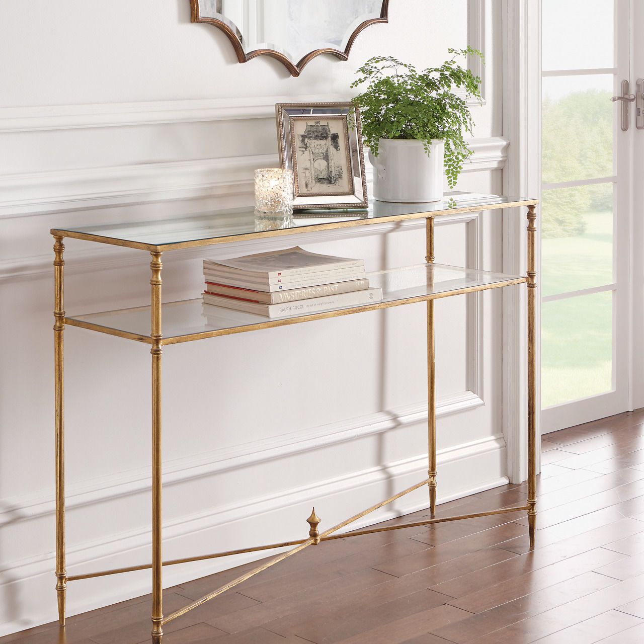 Horchow Sofa Console Table Hollywood Regency Antique Gold & Glass With Glass And Gold Oval Console Tables (View 18 of 20)