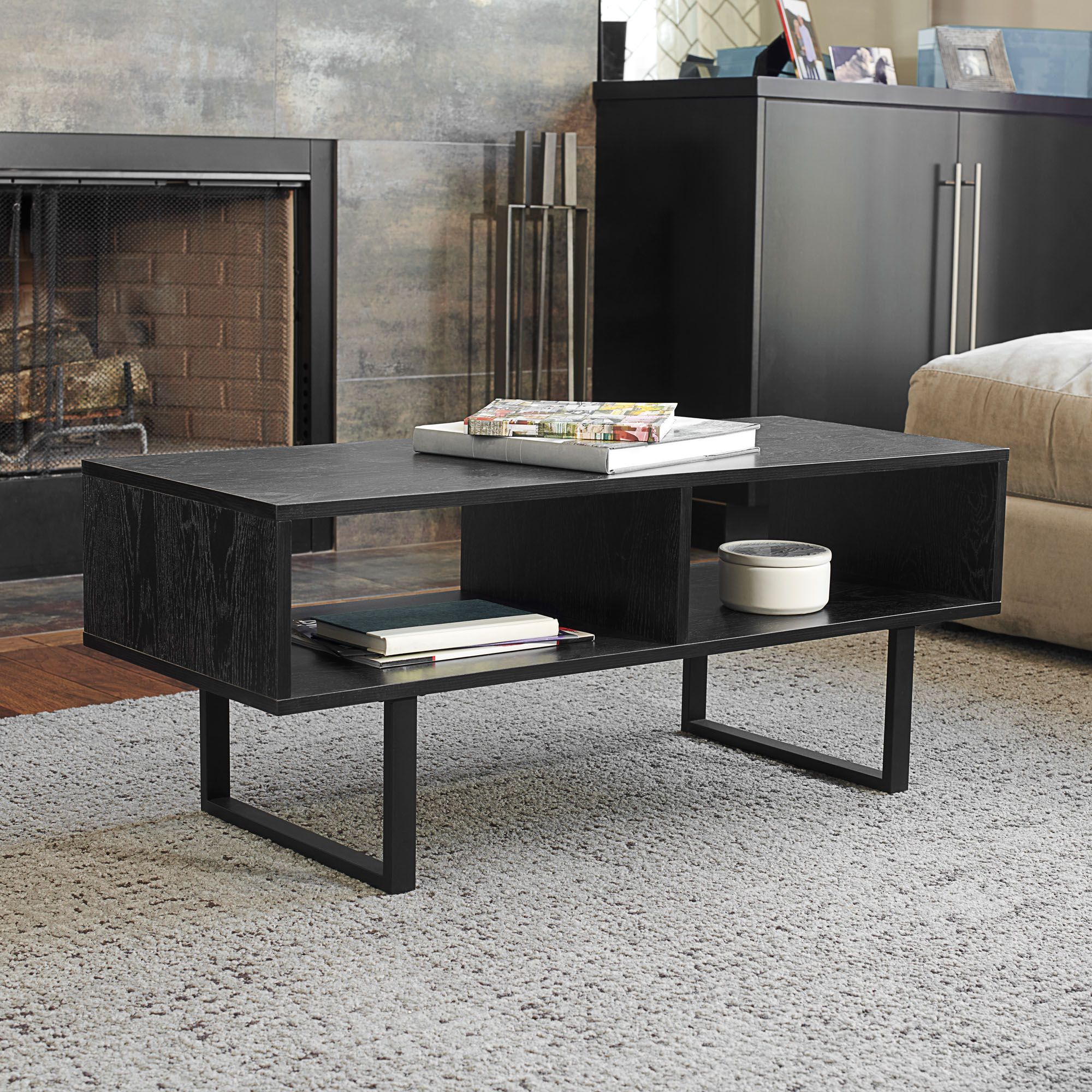Household Essentials Media Console Coffee Table With 2 Compartments Pertaining To Dark Coffee Bean Console Tables (View 4 of 20)