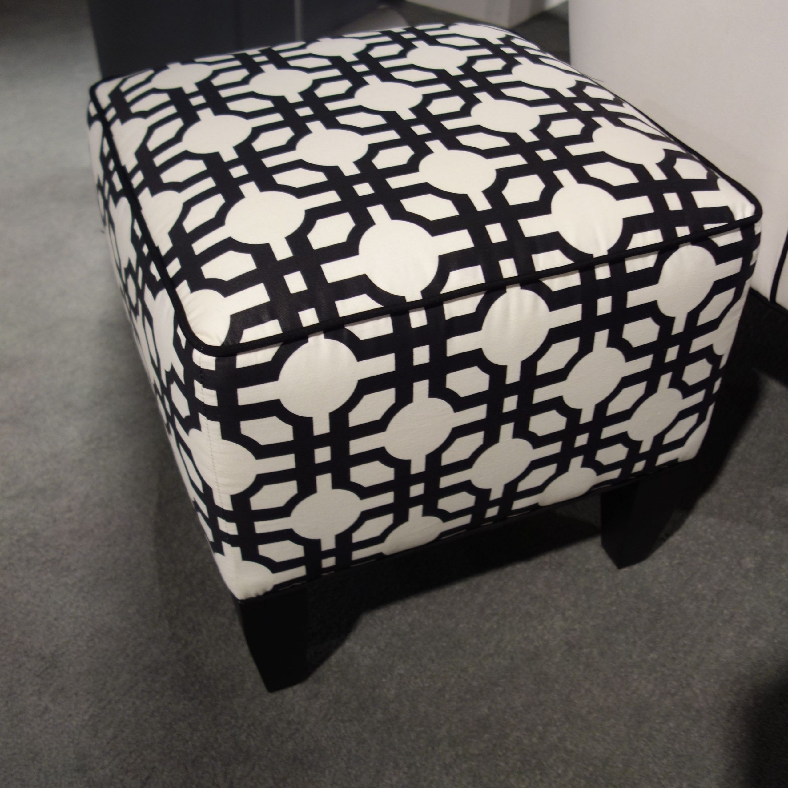 I Think My Taylor Ottoman Is Just Too Cute Upholstered In This Black In Gray And Cream Geometric Cuboid Pouf Ottomans (View 5 of 20)