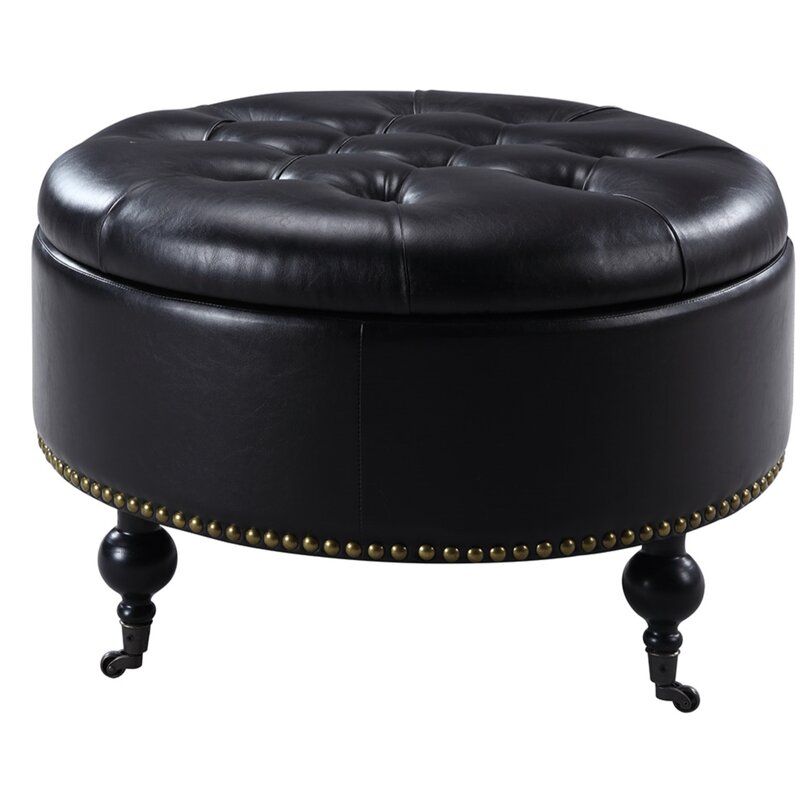 Iconic Home 31" Wide Faux Leather Tufted Round Storage Ottoman With Regard To Black Faux Leather Column Tufted Ottomans (View 16 of 20)