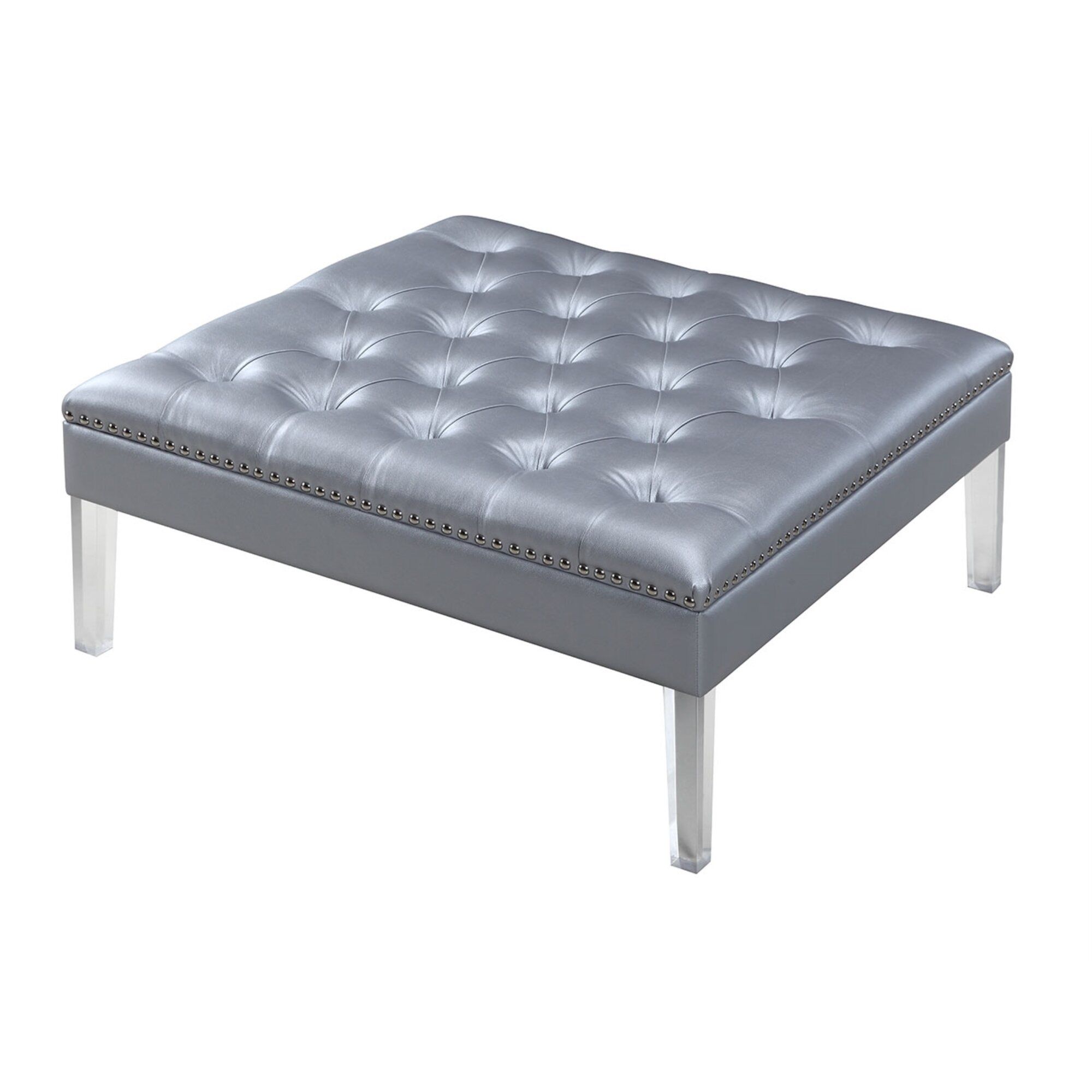 Iconic Home Twain Silver Nailhead Trim Button Tufted Acrylic Leg Throughout Weathered Silver Leather Hide Pouf Ottomans (View 15 of 20)