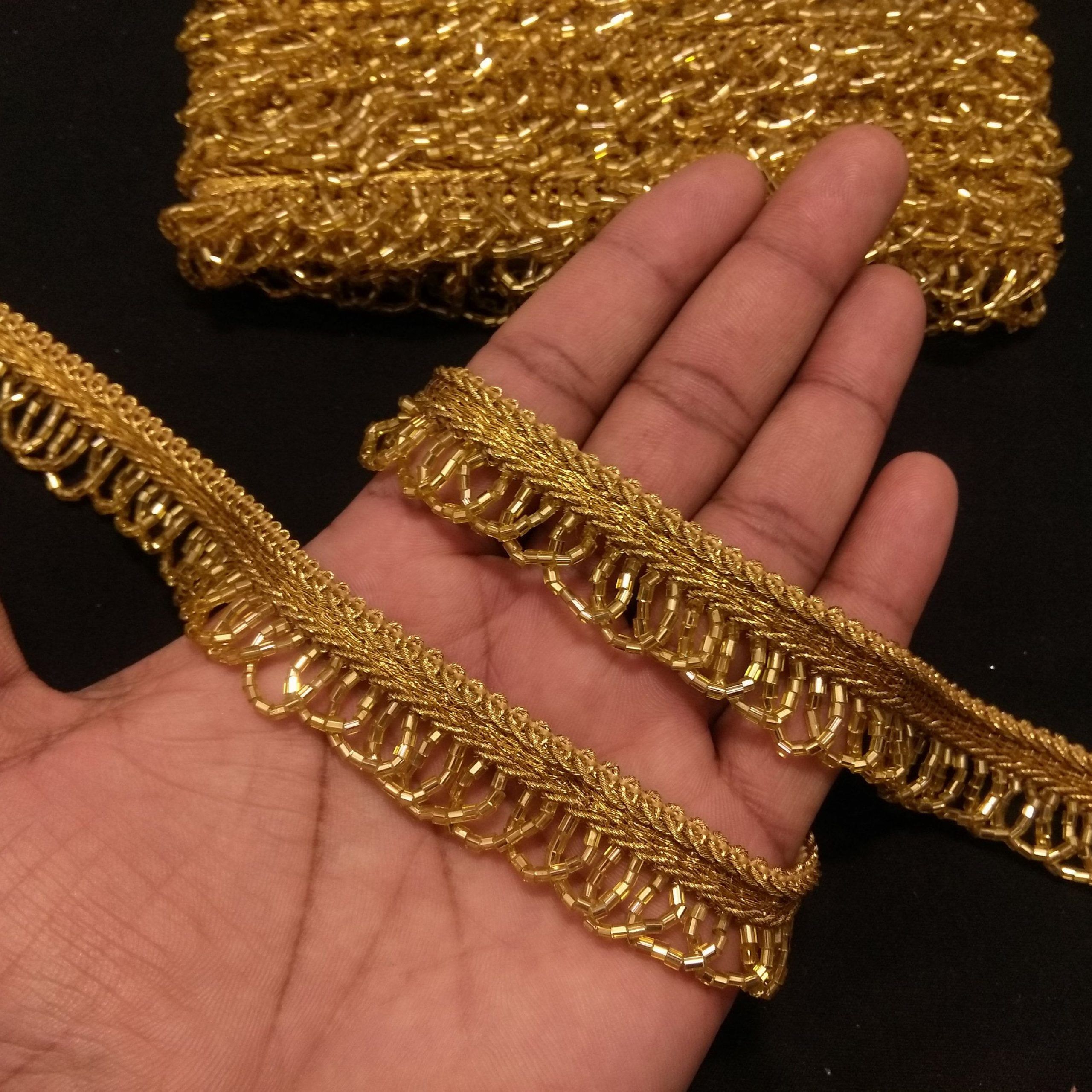 Indian Gold Beaded Floral Fringe Lace Trim For Decoration Of | Etsy Within Pearl Fabric Ottomans With Black Fringe Trim (View 18 of 20)