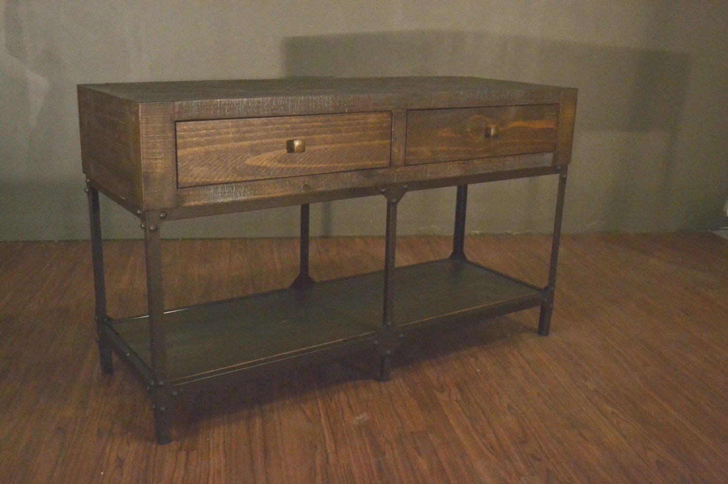 Industrial Wood And Metal Two Drawer Console Table / Rustic Inside Rustic Espresso Wood Console Tables (View 9 of 20)