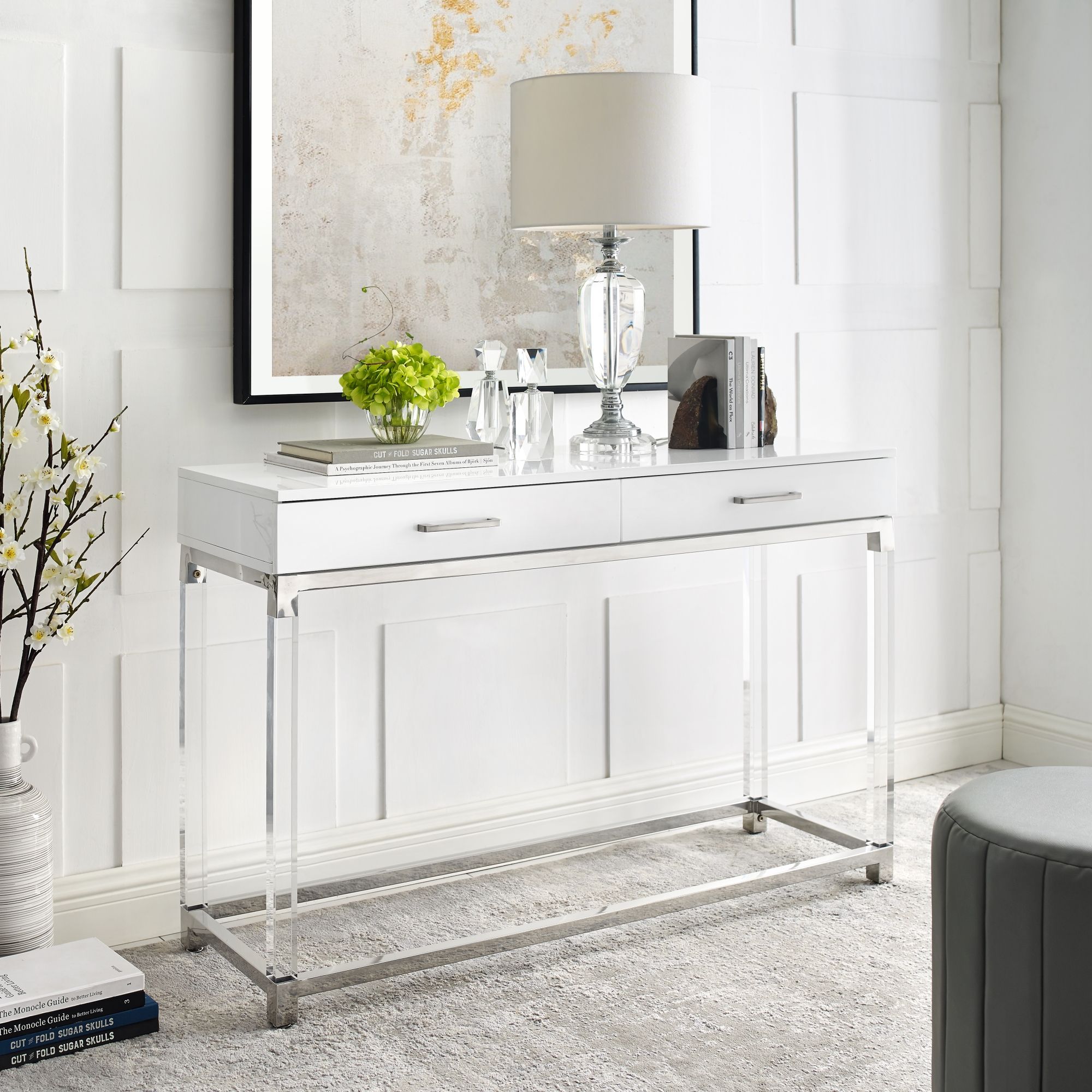 Inspired Home Alena Console Table 2 Drawers High Gloss Acrylic Legs Intended For Mirrored And Chrome Modern Console Tables (View 12 of 20)