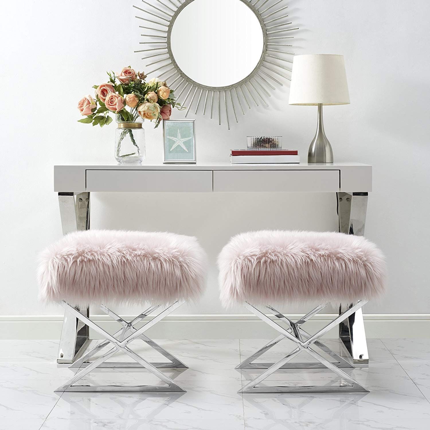 Inspired Home Aurora Rose Faux Fur Ottoman – Stainless Steel | Chrome X Within Chrome Metal Ottomans (View 7 of 20)