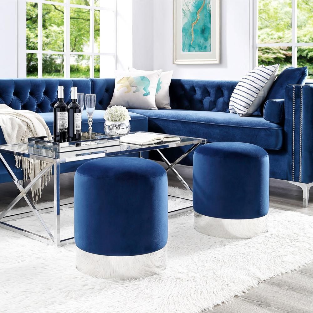 Inspired Home Caroline Navy/chrome Velvet Round Ottoman With Metal Base For Gray Fabric Round Modern Ottomans With Rope Trim (View 20 of 20)