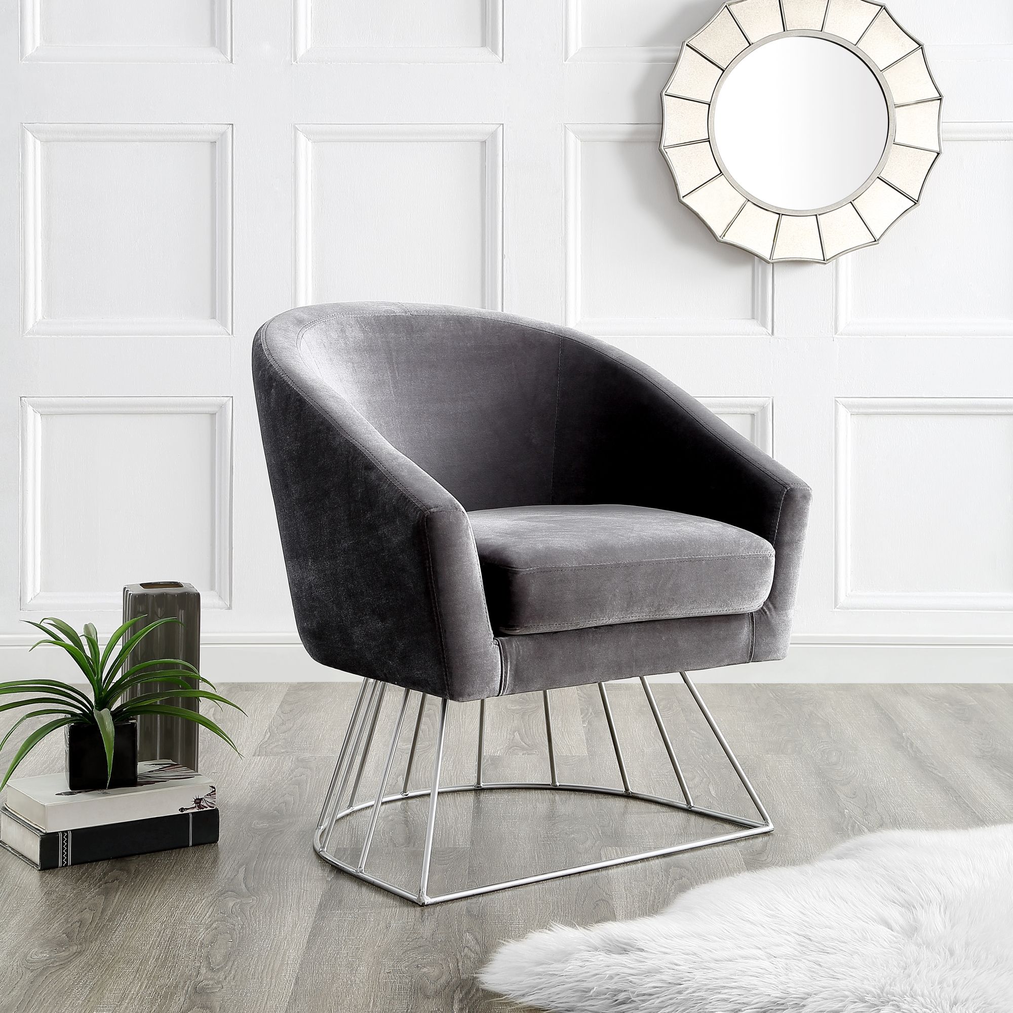 Inspired Home Delphine Velvet Accent Chair Metal Base Barrel, Grey Throughout Satin Gray Wood Accent Stools (View 14 of 20)