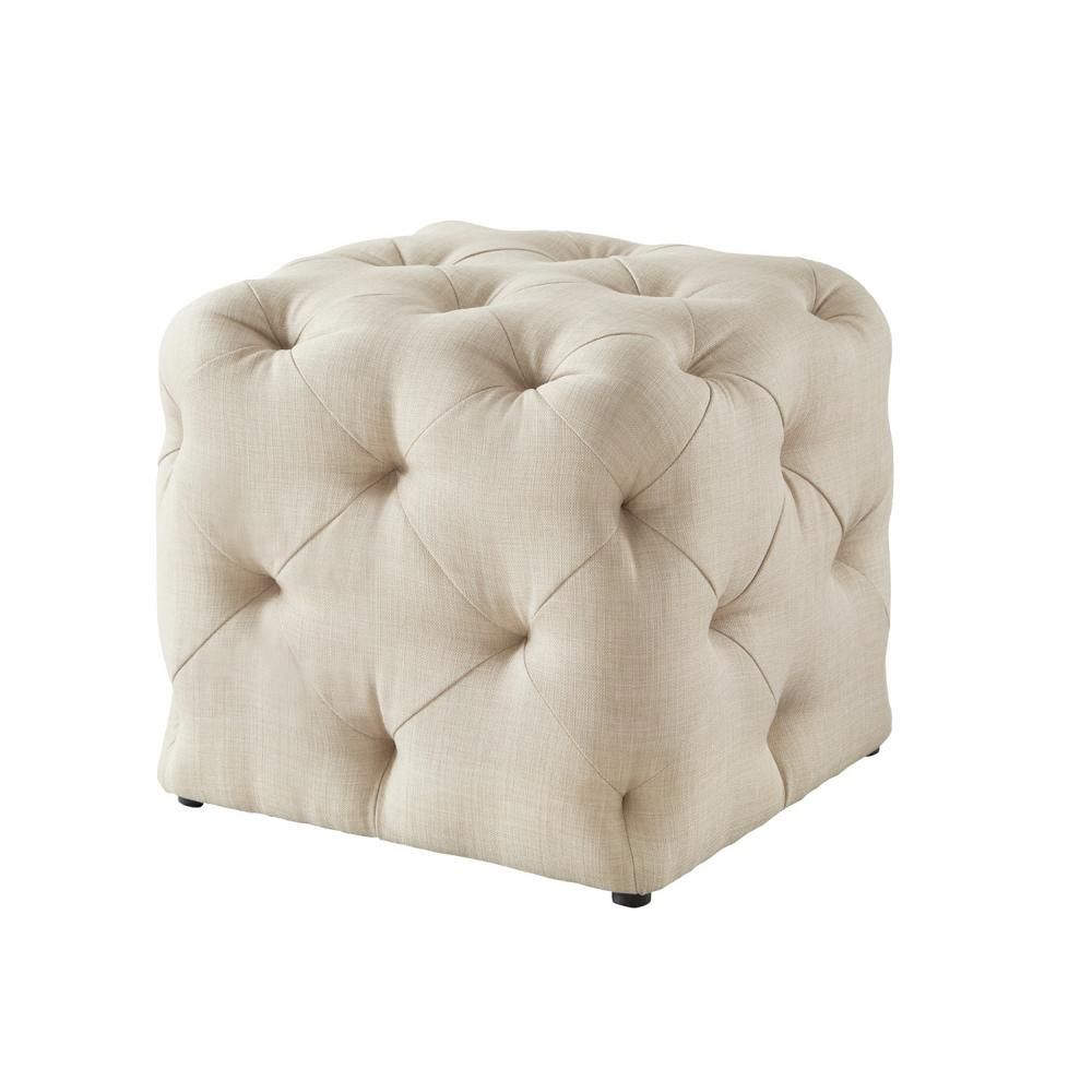 Inspired Home Genevieve Beige Cube Tufted Upholstered Linen Ottoman With Regard To Beige Solid Cuboid Pouf Ottomans (View 12 of 20)