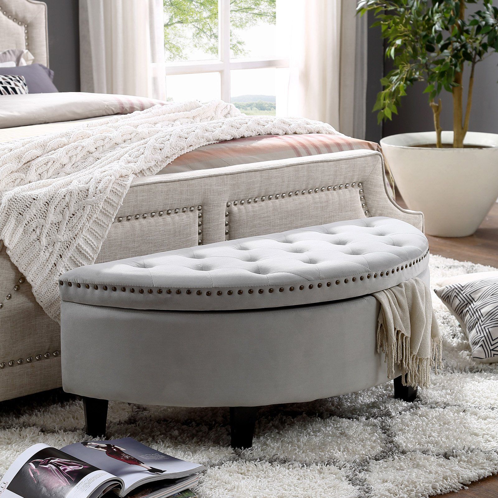 Inspired Home Kenneth Velvet Half Moon Storage Ottoman Light Gray Throughout Gray Fabric Round Modern Ottomans With Rope Trim (View 17 of 20)