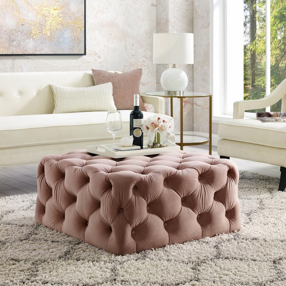 Inspired Home Lester Cocktail Table Ottoman Blush Velvet Tufted Allover Pertaining To Pink Champagne Tufted Fabric Ottomans (View 6 of 20)