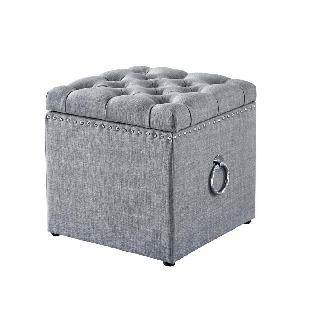 Inspired Home Micella Light Grey/chrome Linen Nailhead Trim Cube In Light Blue And Gray Solid Cube Pouf Ottomans (View 7 of 20)