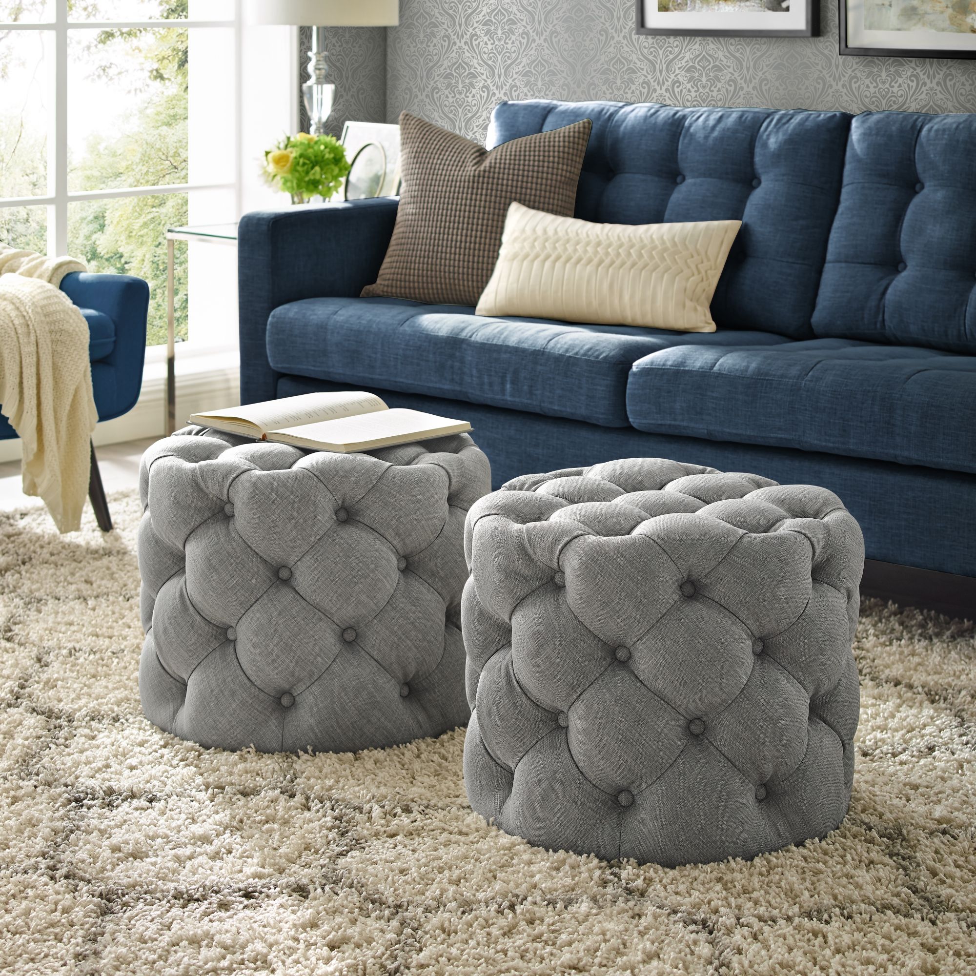 Inspired Home Perilous Linen Ottoman Allover Tufted Round Modern For Light Gray Cylinder Pouf Ottomans (View 14 of 20)